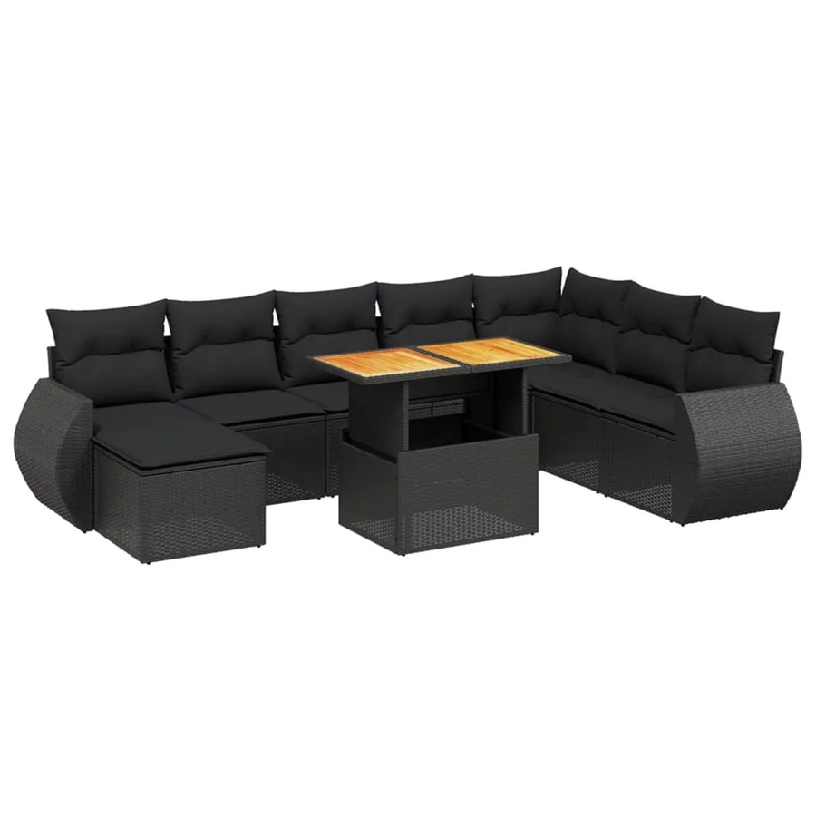 vidaXL 9-tlg. Garten-Sofagarnitur in L-Form aus Poly-Rattan und Akazienholz mit Kissen in Schwarz - Bild 2