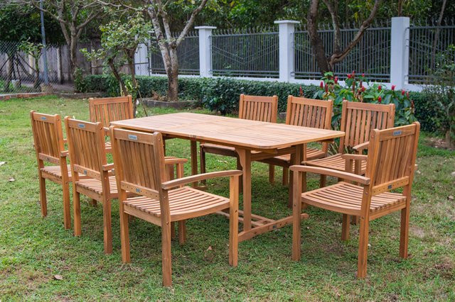OUTFLEXX Garten-Essgruppe aus Akazie in Natur mit Ausziehtisch und 8 Armlehnensesseln, FSC-zertifiziert - Bild 1