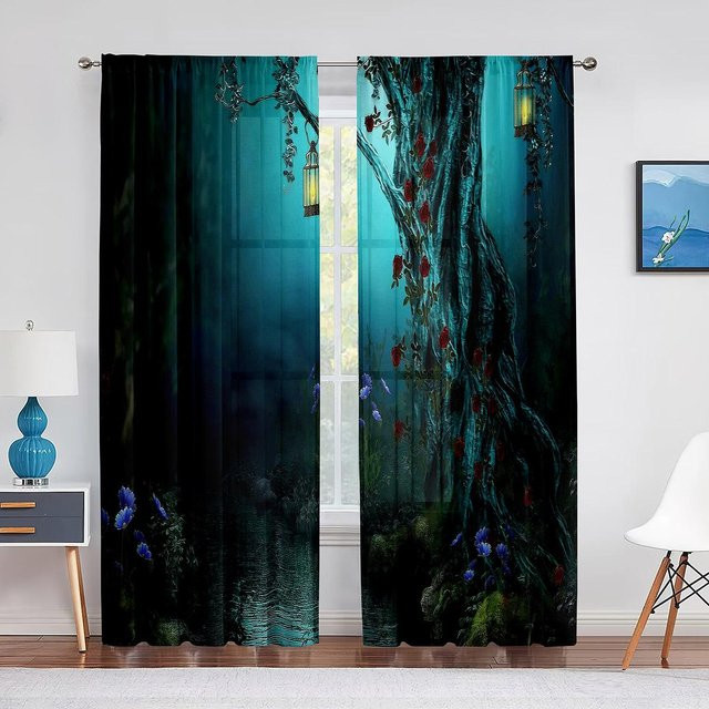 Transparentes Chiffon-Tüllvorhang mit Waldmärchen- und Baum-Motiv in Blau, Breite: 100 cm, Höhe: 250 cm - Bild 1