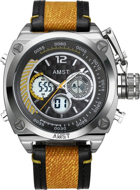 Ams Digitaluhr, Quarz, Leder, Schwarz, Silber, Herren - Bild 1