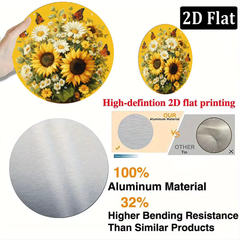 CIFBUY Retro Metall-Wandkunst mit Sonnenblumen und Schmetterlingen, Rundes Rustikales Schild, Durchmesser: 20,32 cm - Bild 2