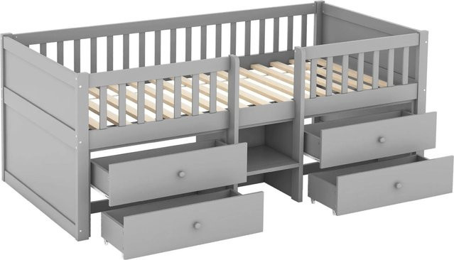 KOMHTOM Halbhohes Kinderbett aus Kiefernholz und MDF in Grau mit 4 Schubladen, Geländer und Leiter im minimalistischen Stil, B/T/H: 90 x 200 x 120 cm - Bild 1