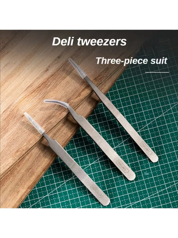 Deli 3er Set ESD-Pinzetten aus Edelstahl mit gebogenen und geraden Spitzen für Präzisionsarbeiten und Löten - Bild 4