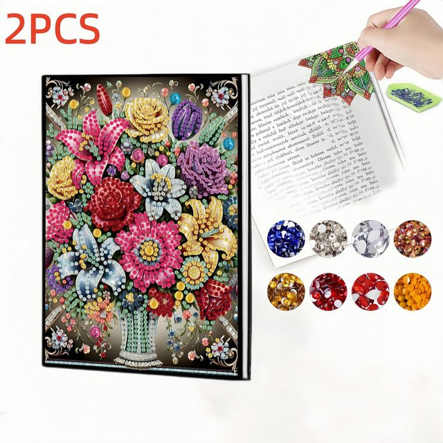 2er Set Diamond-Painting-Notizbuch mit Lesezeichen in Blumenstrauß-Muster, mehrfarbiges Tagebuch aus PU-Leder mit Hardcover und blanko Seiten - Bild 1