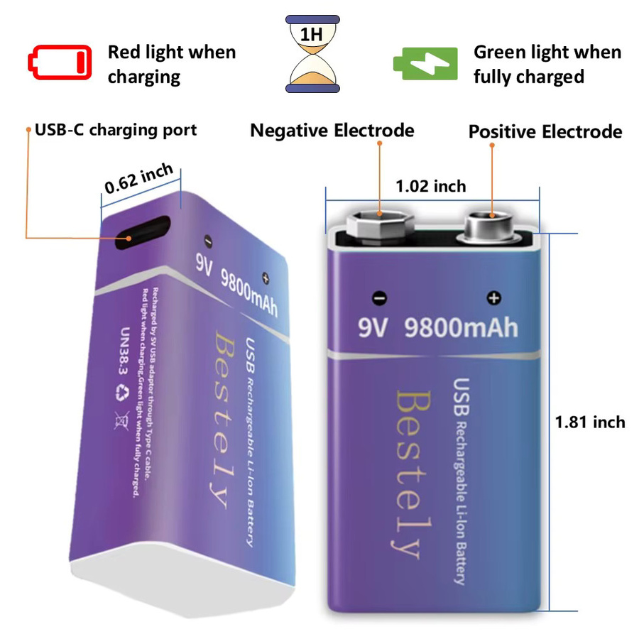 Rscrola Wiederaufladbare 9V Li-Ion Batterie mit 9800mAh Kapazität und USB-C Anschluss für Rauchmelder und Feueralarme - Bild 3