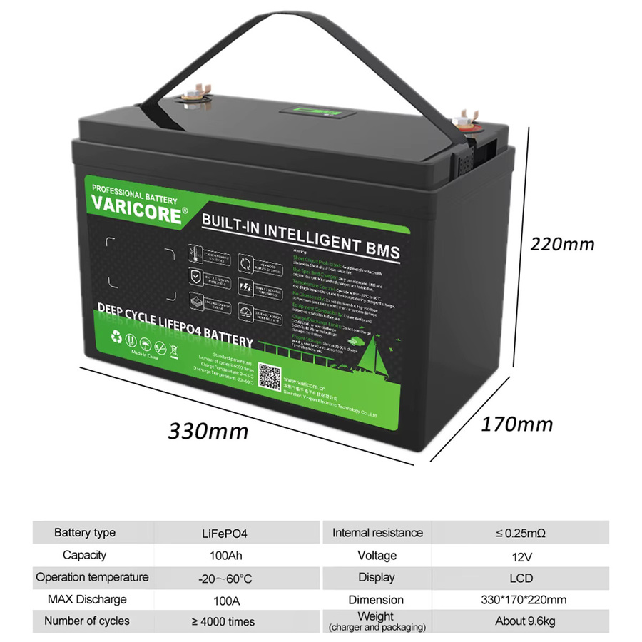 VariCore LiFePO4 Lithium-Eisenphosphat-Batterie 12V/12,8V 100Ah mit BMS und Ladegerät, Schwarz - Bild 2