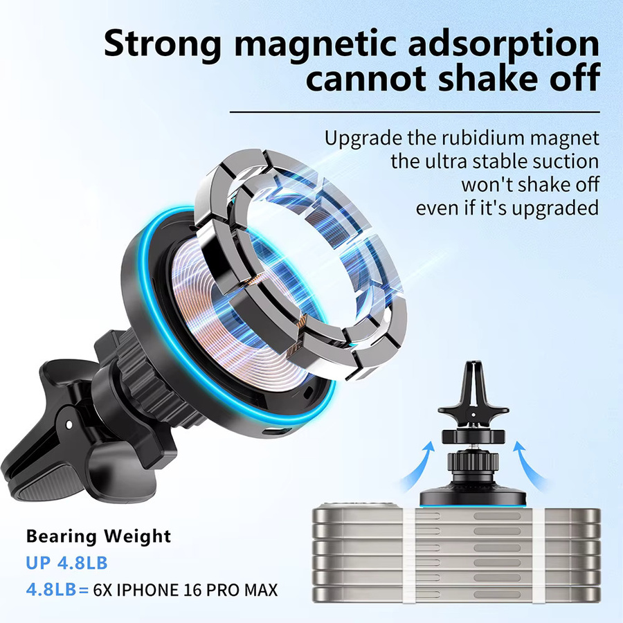 Magnetisches kabelloses Auto-Ladegerät mit LED-Licht und Lüftungshalterung für iPhone 12 bis 17 Pro Max, Schnelle Ladestation für iOS, Schwarz oder Grau - Bild 2