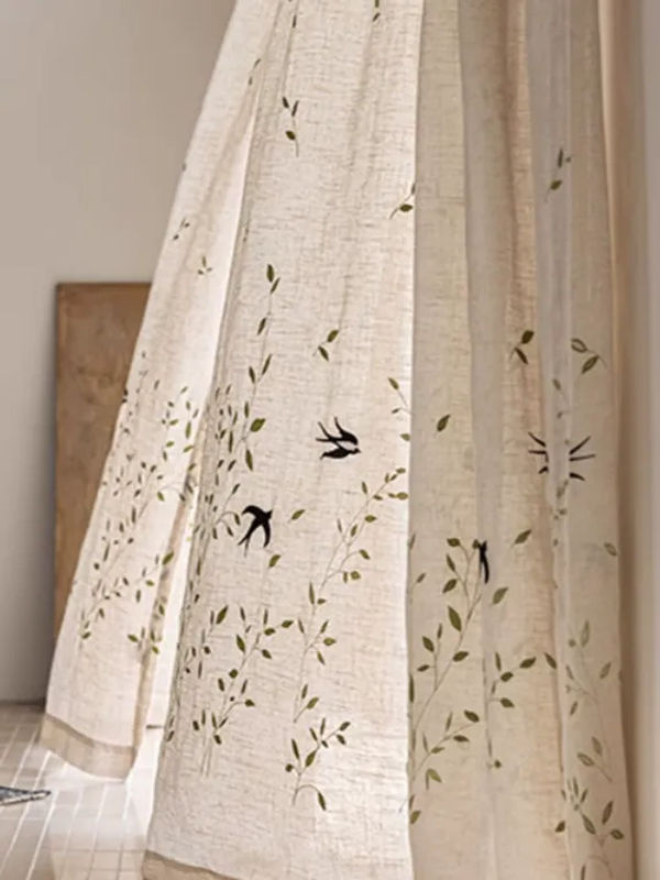 CENTURyMiG Bestickter Leinen-Halbschirm in Beige, minimalistischer transparenter Vorhang mit floralem Design für Wohnzimmer und Schlafzimmer, Breite: 100 cm, Höhe: 200 cm - Bild 4