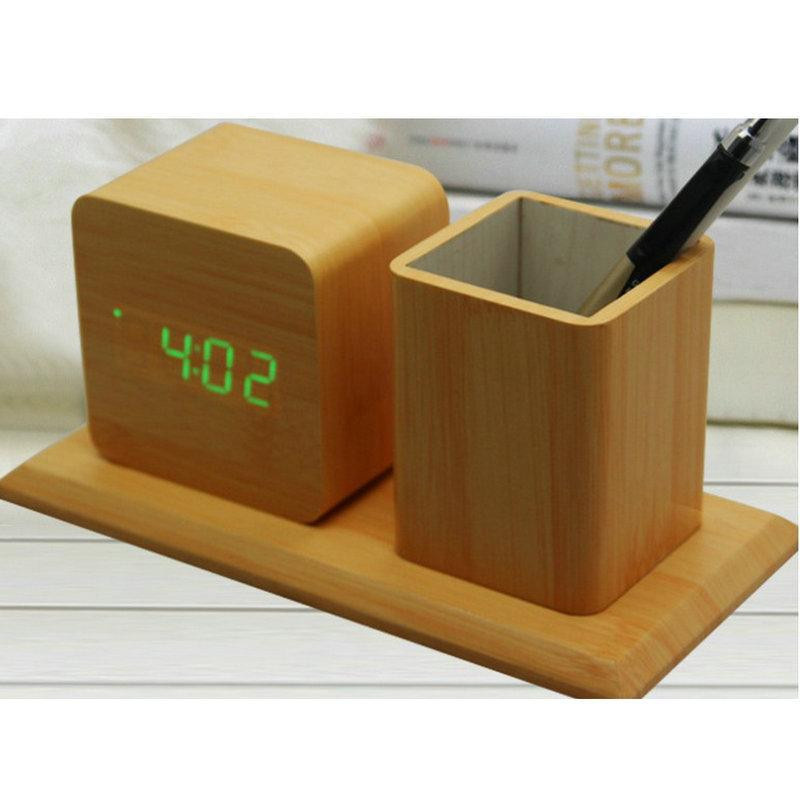 Elektronischer Stifthalter mit digitaler Tischuhr und Thermometer aus Holz von Yiran toy 1 - Bild 2