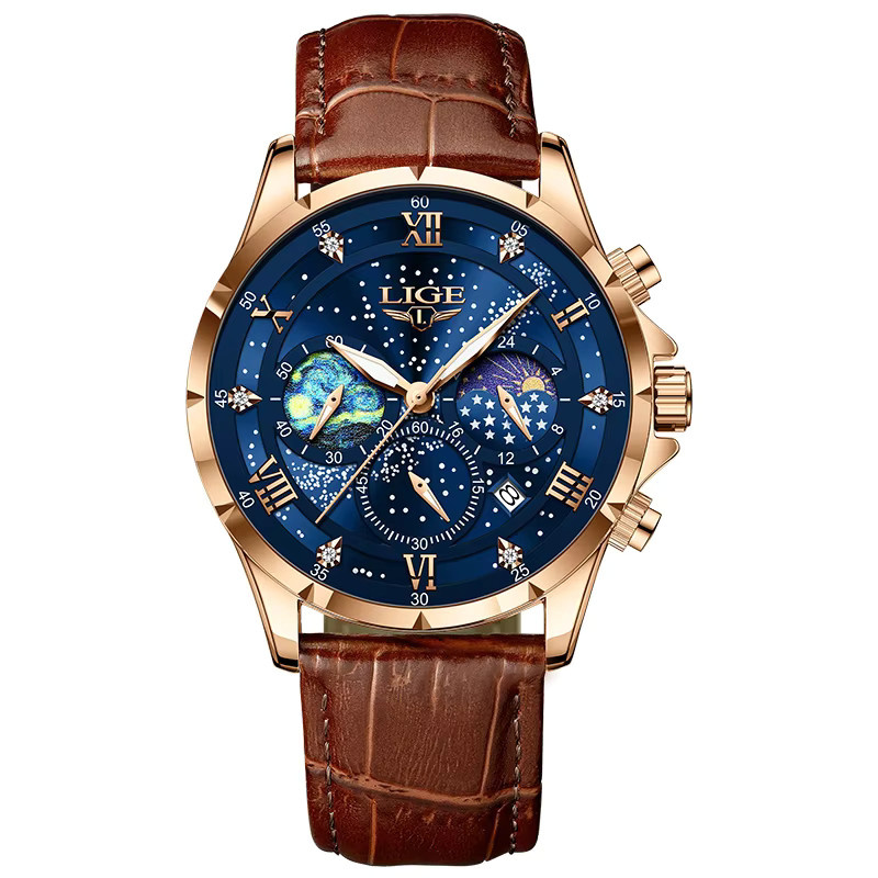 LIGE Herren-Chronograph, Quarz, Leder, Blau, Gold, Herren - Bild 3