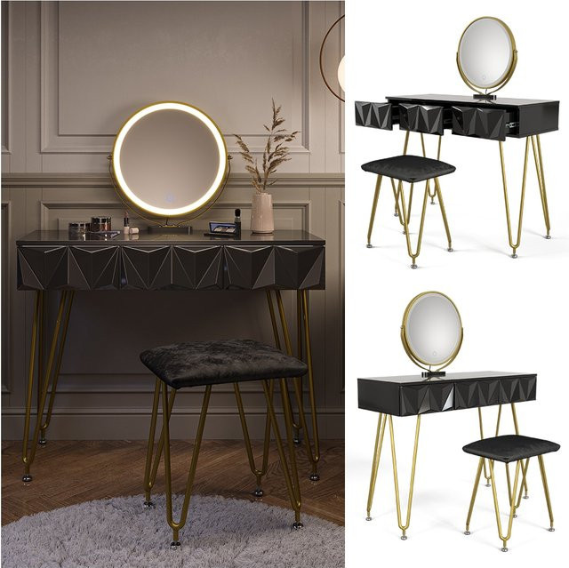Vicco Schminktisch Ruby Schwarz mit LED-Spiegel und Hocker, Breite: 100 cm, Tiefe: 40 cm - Bild 1