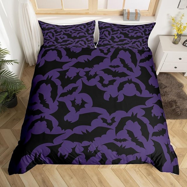Lodestar Halloween Bettwäscheset mit Fledermaus-Tierdruck, Dunkelviolett und Schwarz, B/H: 180 x 210 cm - Bild 1