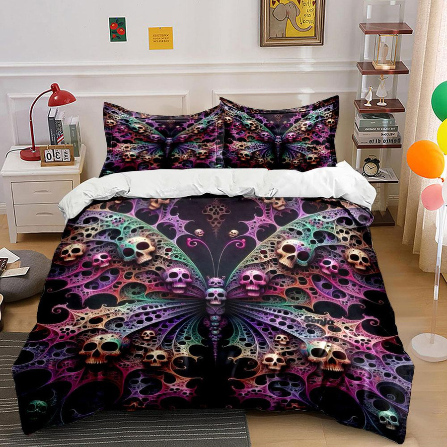Bettwäsche Set Flylo mit Totenkopf und Schmetterling Design, inklusive Bettbezug und 2 Kissenbezügen, B/B/H: 135 x 200 cm - Bild 2