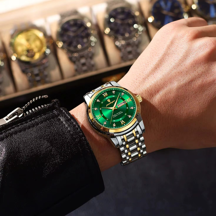 POEDAGAR Armbanduhr Edelstahl, Quarz, Silber, Grün, Herren - Bild 5