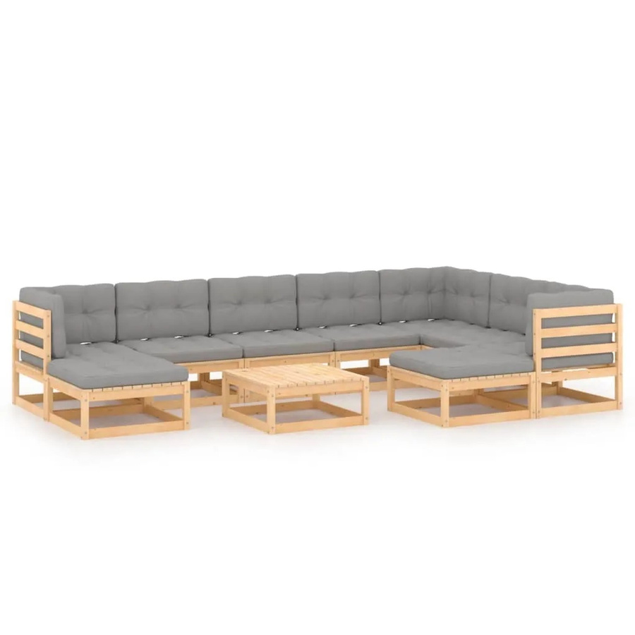 vidaXL 10-tlg Garten-Lounge-Set Modell 5 aus massivem Kiefernholz in U-Form mit grauen Polsterkissen - Bild 2