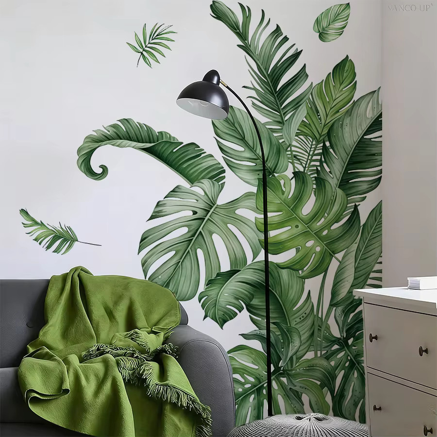 2 Stück BRUP Monstera-Blatt-Wandaufkleber in Grün, abnehmbare tropische Pflanzen-Wanddekoration für Wohnzimmer und Badezimmer - Bild 3