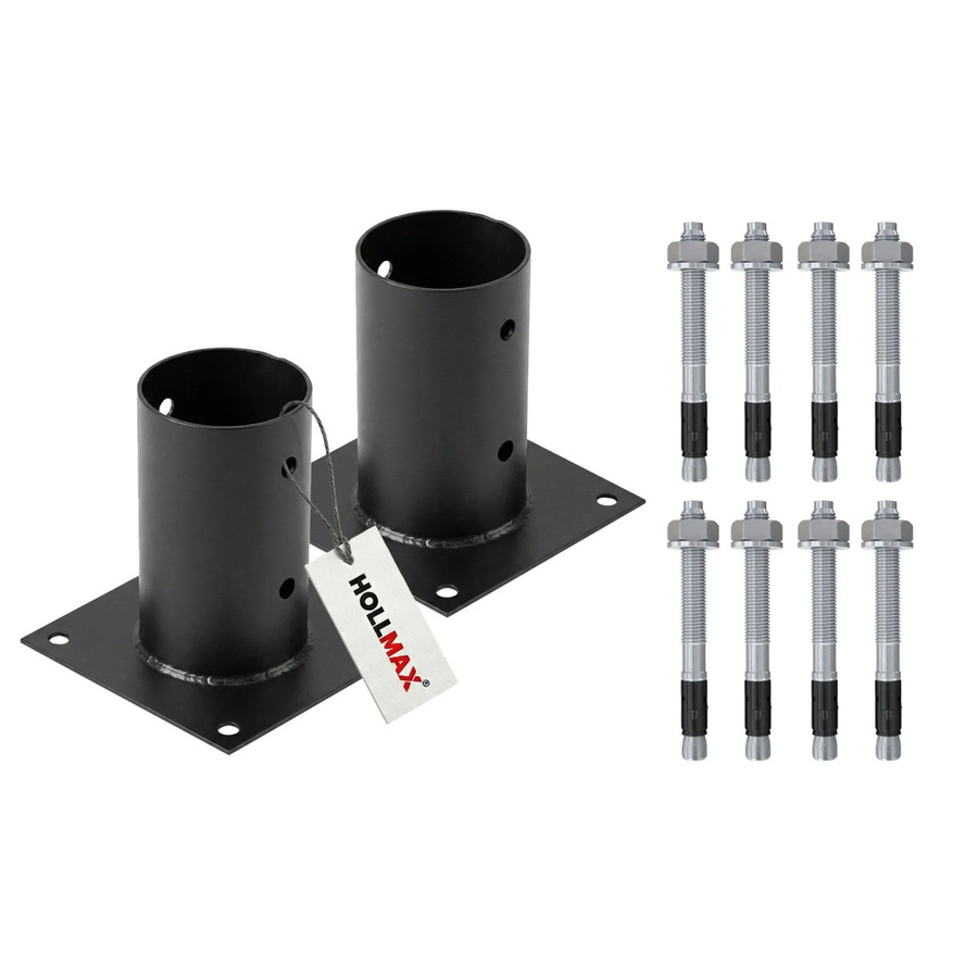 HOLLMAX Pfostenträger Set mit 2 Aufschraubhülsen für Rundholzpfosten 80 mm und Schwerlastankern in Schwarz matt pulverbeschichtet - Bild 2
