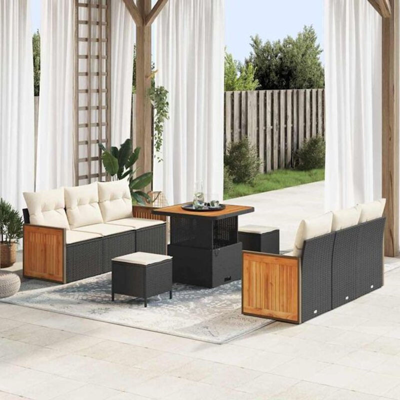 vidaXL Garten-Sofa-Set aus 9 Teilen, modernes modulares Rattan-Set mit Metallgestell, Schwarz und Creme, B/T/H: 80 x 80 x 71 cm - Bild 1