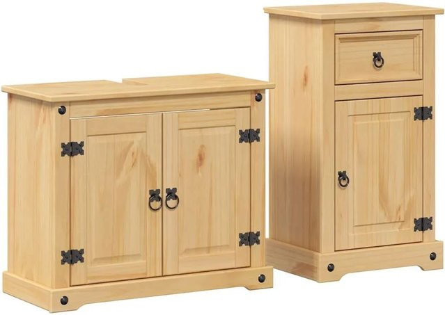vidaXL 2-teiliges Badmöbel-Set Corona aus Massivholz Kiefer in Braun und Beige mit Waschtischunterschrank und Wandunterschrank im rustikalen Design - Bild 1