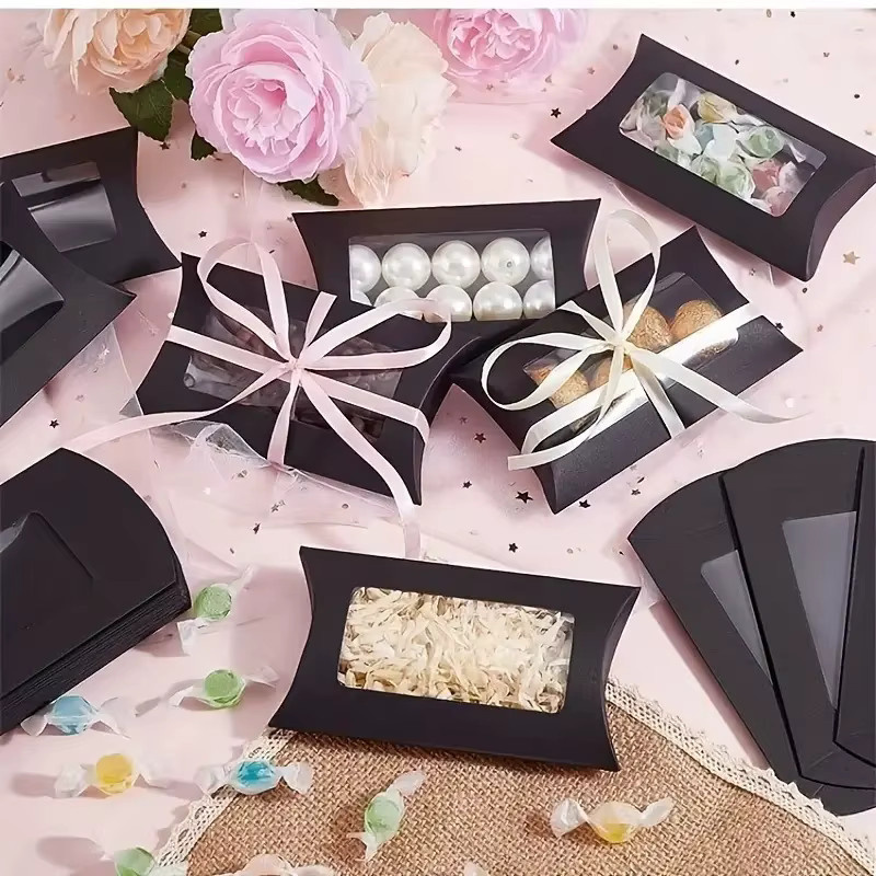 Kraftpapier-Kissenboxen mit transparentem Sichtfenster für Geschenkverpackungen in Weiß, Braun und Schwarz - Bild 3