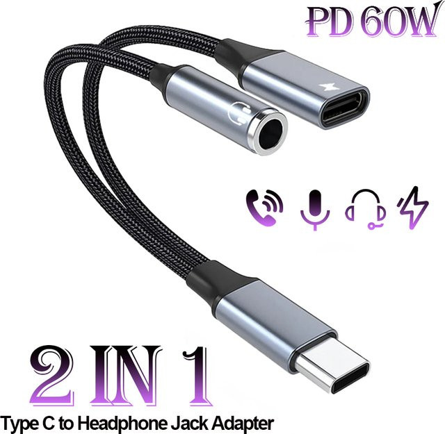 2-in-1 USB-C auf USB-C PD 60 W Schnellladegerät und 3,5-mm-Kopfhöreranschluss Adapter in Grau für iPhone 15, Huawei und Samsung - Bild 1
