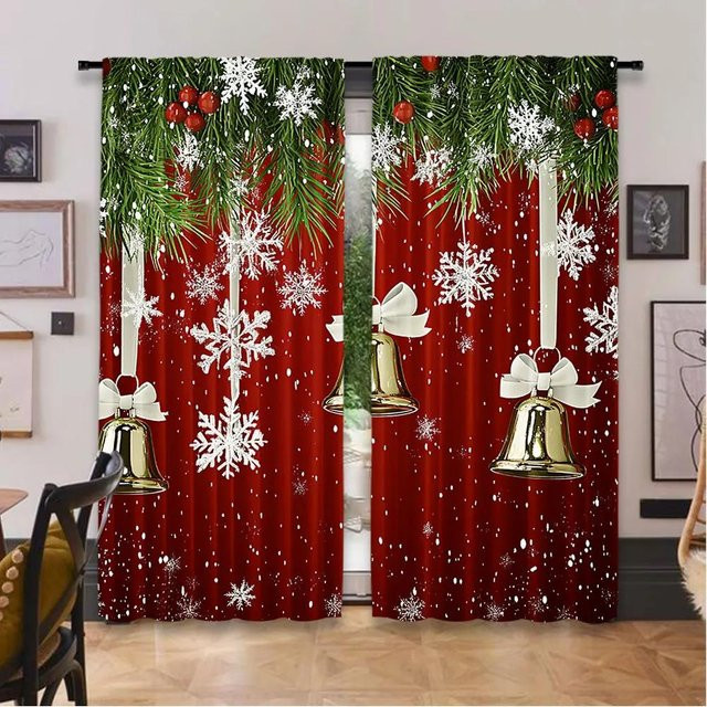 2er-Set Weihnachts Vorhänge mit Kiefer und Schneeflocken in Rot und Grün, halbtransparent, B/H: 105 x 230 cm - Bild 1