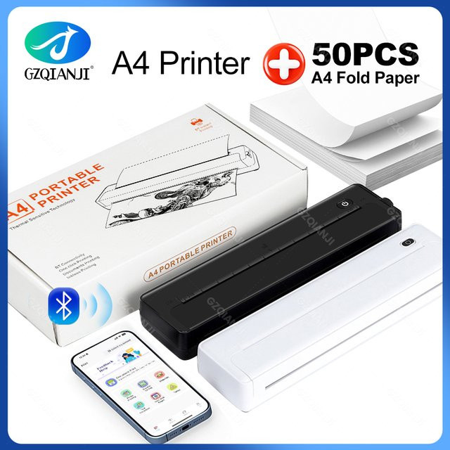 GZQIANJI A4 Mini Thermo-Drucker Schwarz – Tragbarer Bluetooth PDF-Drucker für Home Office inklusive 50 Thermopapier - Bild 1