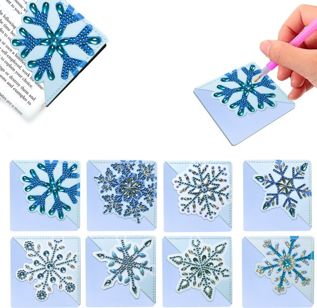 8er Set DIY Diamantmalerei Lesezeichen aus PU Leder mit Schneeflocken-Design und Kristall-Strass - Bild 1