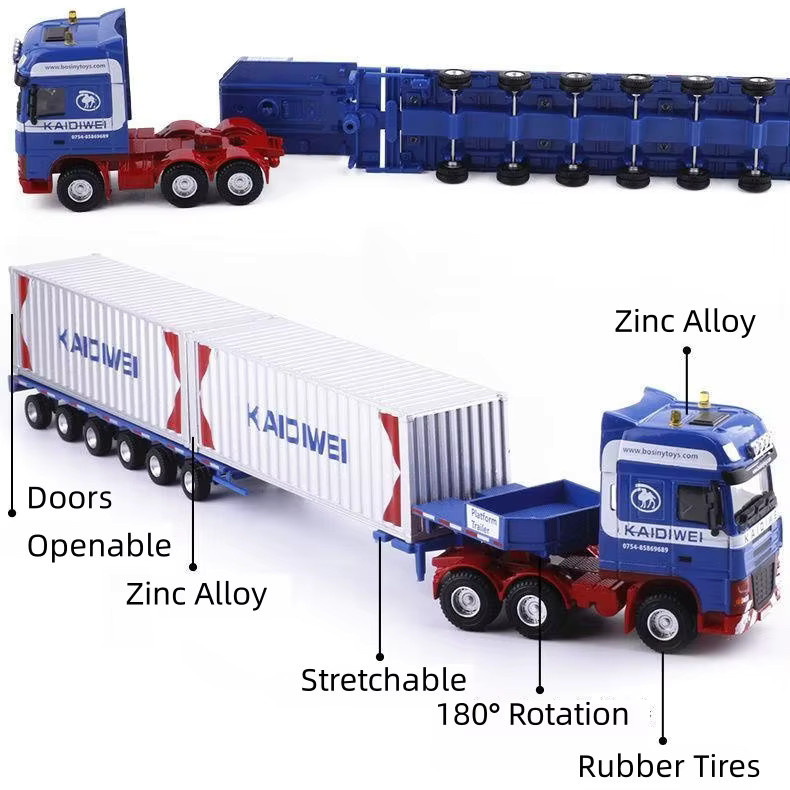 caipo Plattform Anhänger Container Transport Abschleppwagen, Druckguss Fahrzeug Modell, Metall, Blau - Bild 2