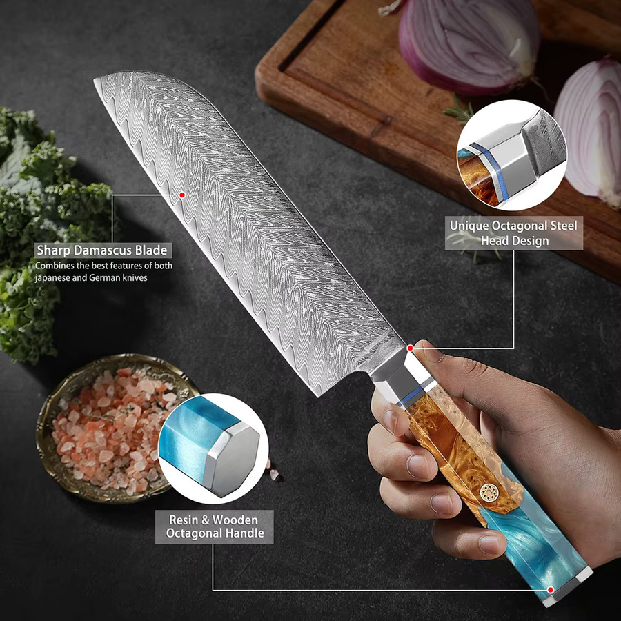 Xituo Santoku Kochmesser aus Damaststahl mit Holzgriff, 7 Zoll, Mehrfarbig - Bild 3