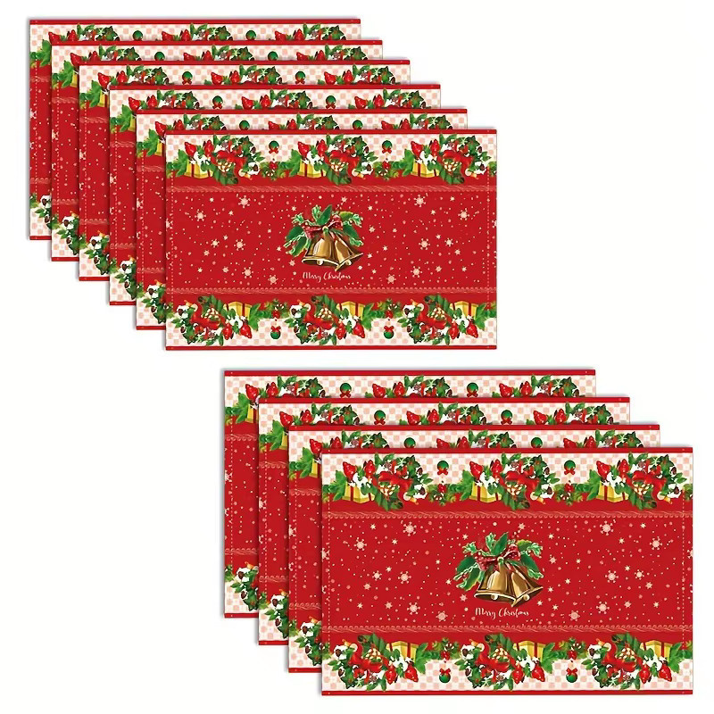 VIKAMA Weihnachts-Tischsets mit Glocken- und Sternenmotiv in Rot und Gold aus Leinen - Bild 2