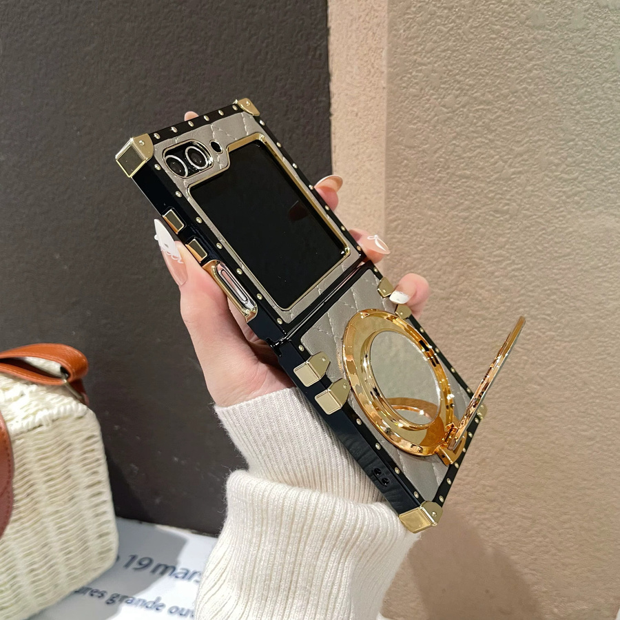 Samsung Galaxy Z Flip7 Handyhülle mit Make-up-Spiegelhalter und Gridding Stand für kabelloses Laden in Grau - Bild 4
