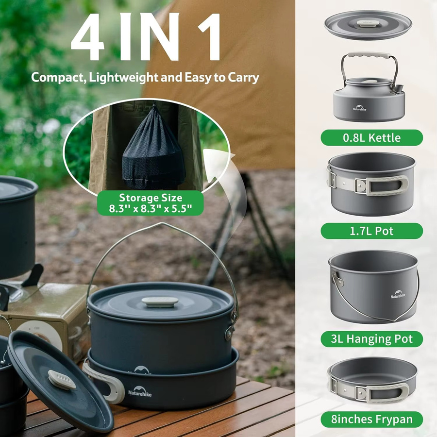 Naturehike Camping-Kochgeschirr-Set aus Aluminium in Grau, ultraleichtes Outdoor-Kochset mit Topf und Tassen - Bild 2