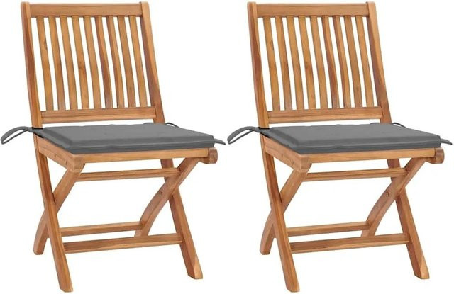 vidaXL Gartenstuhl-Set aus Teakholz mit grauen Kissen, 2 Stück - Bild 1