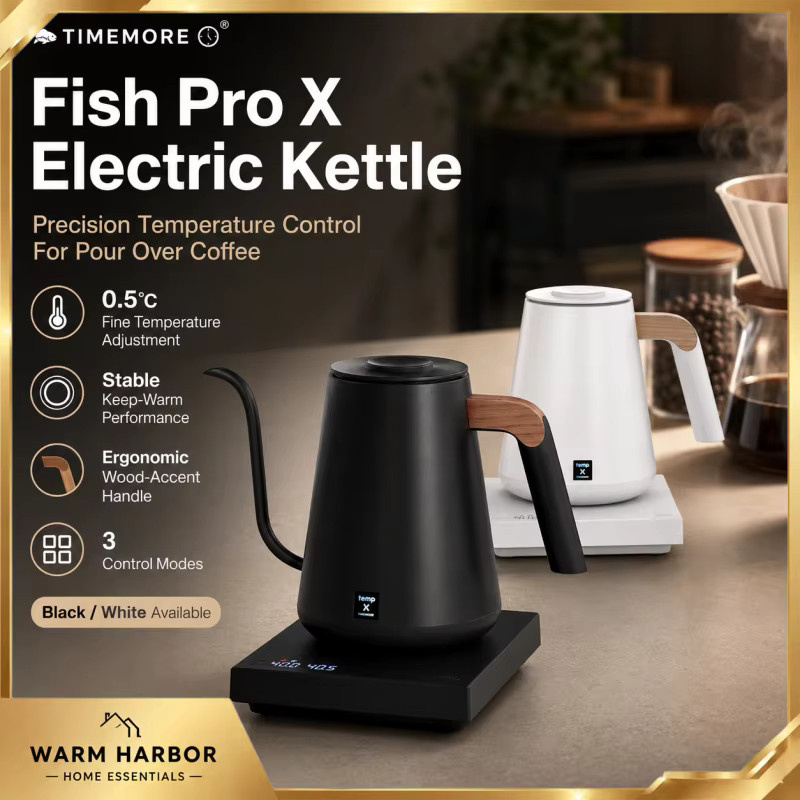 Timemore Fish Pro-X Elektrischer Schwanenhals-Wasserkocher aus Edelstahl mit Temperaturregelung, 0,9 l, Silber/Schwarz - Bild 2