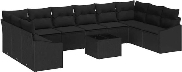 vidaXL Garten-Sofa-Set 11-tlg. in U-Form aus Poly-Rattan und Stahl, Schwarz mit Polstern - Bild 1