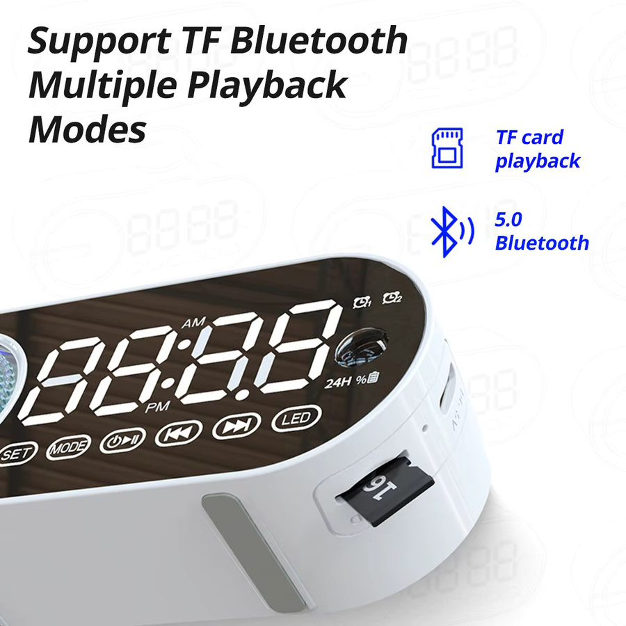 KAFNHCKA Bluetooth Lautsprecher mit FM-Radio, Wecker und RGB-LED Digitaluhr als Spiegeluhr in Schwarz - Bild 3