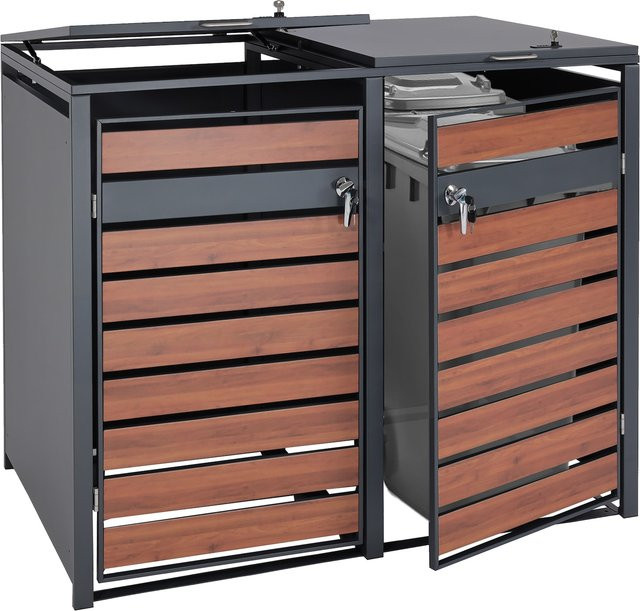 MCW Mülltonnenverkleidung J81 Mülltonnenbox aus Metall in Anthrazit mit Kirsche-Holzoptik Dunkelbraun, H x B x T: 98 x 117 x 142 cm - Bild 1