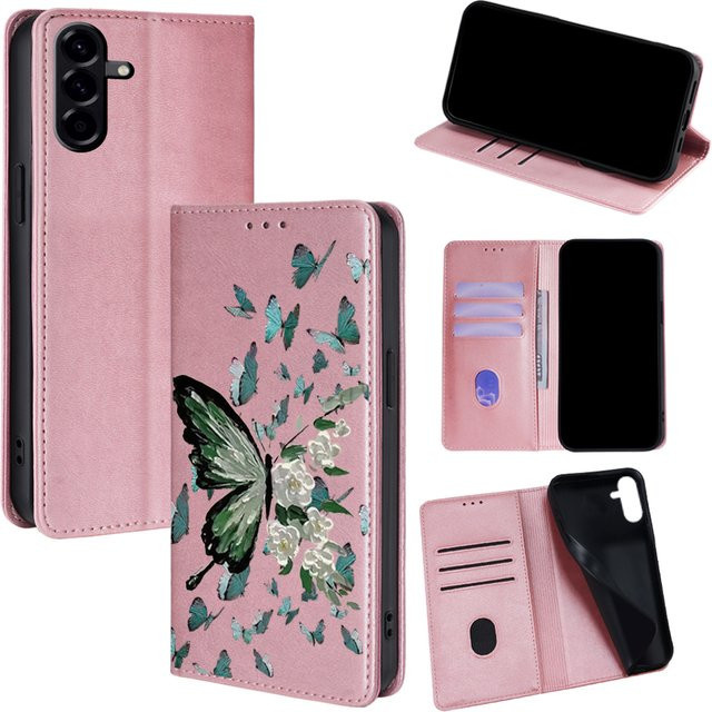 Leder Flip Case mit Schmetterlings-Motiven für Samsung Galaxy S25 Ultra S25 FE S24 S23 S22 Plus A17 A07 A56 A36 A26 Wallet Cover in Grün - Bild 1