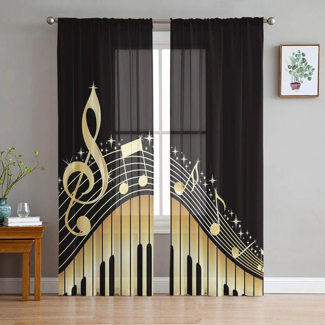 Transparente Tüllvorhänge mit Musiknoten-Design von A Family Of Home Textiles, Voile-Vorhang für Wohnzimmer und Schlafzimmer, Breite: 135 cm, Höhe: 114 cm - Bild 1