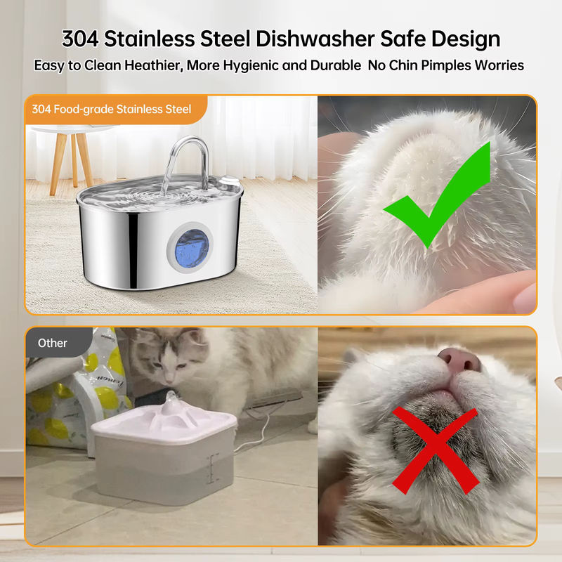 ZYfeeder Katzenbrunnen aus Edelstahl in Silber mit 2,2 Litern Fassungsvermögen, Wasserstandfenster und geräuschloser Wasserpumpe für Katzen und Welpen - Bild 4