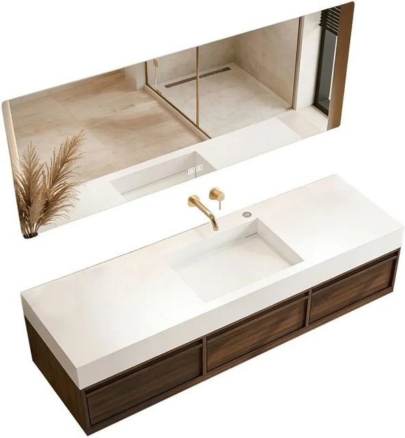 360Home Badmöbel Set in Weiß mit Sinterstein Waschbecken, Unterschrank und LED-Spiegelschrank mit Anti-Fog-Funktion, B/T/H: 120 x 55 x 150 cm - Bild 1