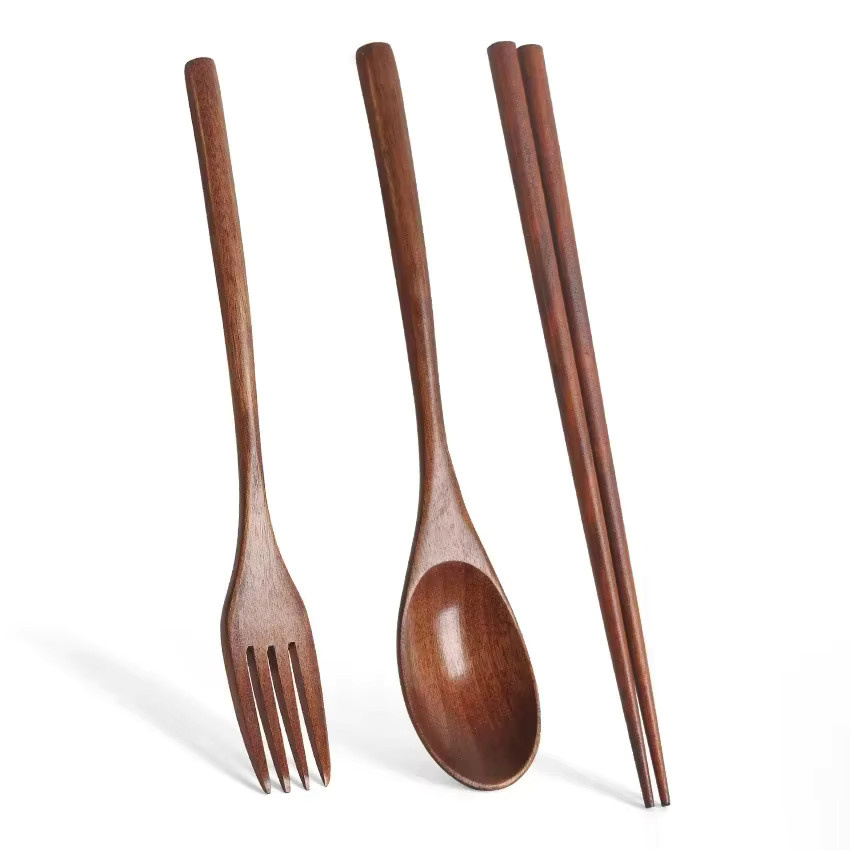 DUTRIEUX Besteckset aus Massivholz in Braun mit Löffel, Gabel, Essstäbchen und Stoffbeutel im japanischen Stil - Bild 4