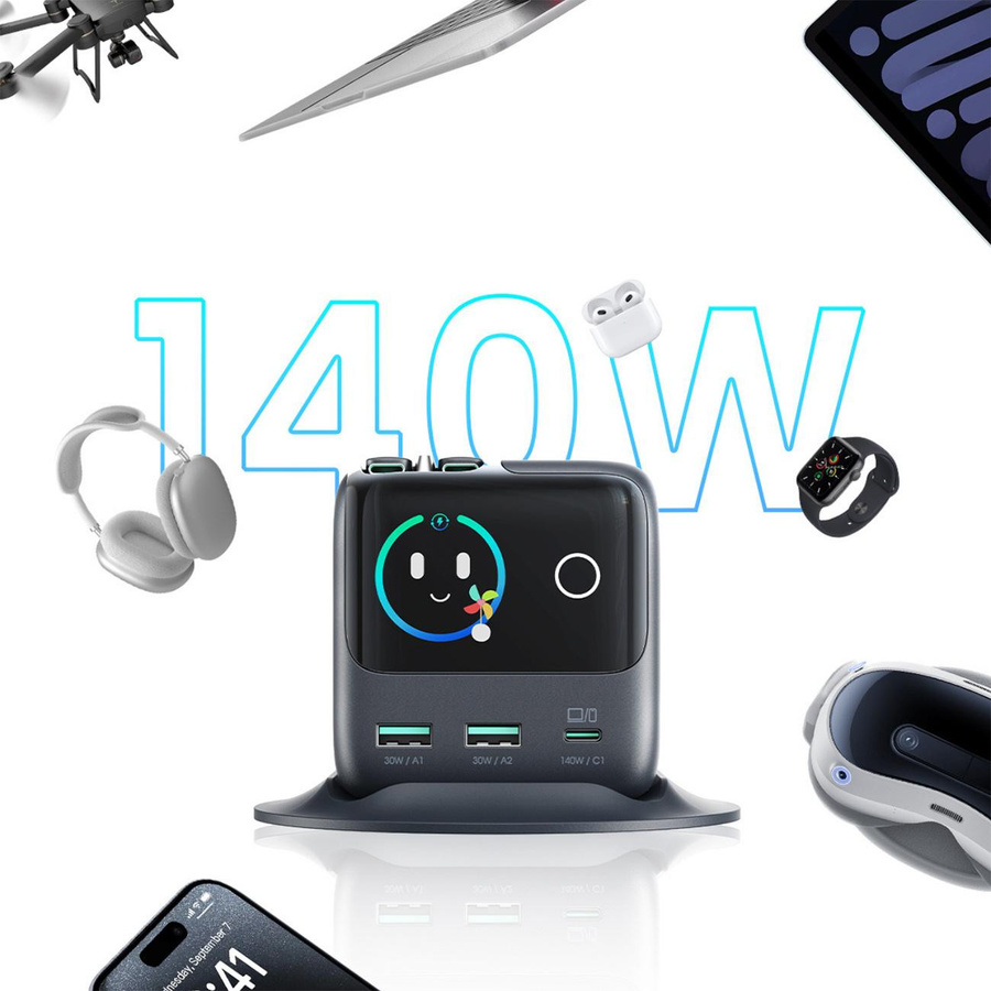 Joyroom Podix JR-TRD01 Ladestation mit 140W GaN und 5 Ports inklusive 2 einziehbarem USB-C Kabel, Grau - Bild 7