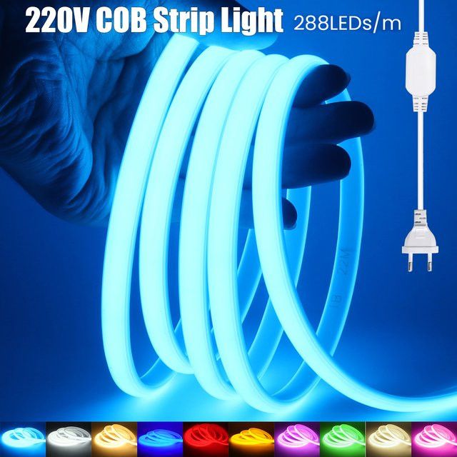HEGEHE COB LED Streifen mit EU Stecker, IP65 wasserdicht und flexibel, 288 LEDs/m, Farben: Warm Weiß, Rot, Blau, Grün, Rosa - Bild 1