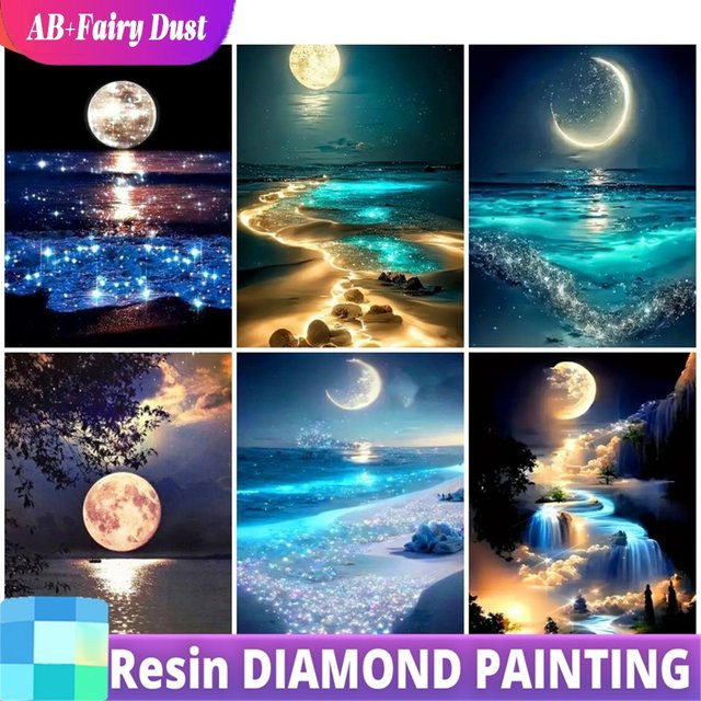 5D Diamant Mosaik Malerei Fairy Dust mit Mond und Wasserfall, Rund, Mehrfarbig, Durchmesser: 25 cm - Bild 1