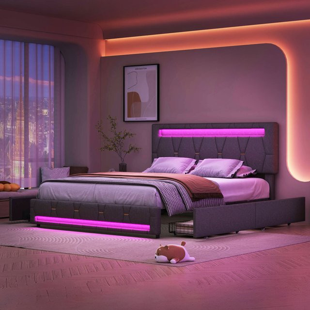Gepolstertes Doppelbett mit LED-Beleuchtung und Schubladen in Grau, B/T: 160 x 200 cm - Bild 1
