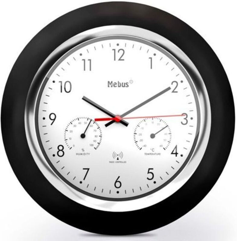 Mebus Funk-Wanduhr mit Thermometer und Hygrometer, rund, analog, weiß oder schwarz - Bild 1