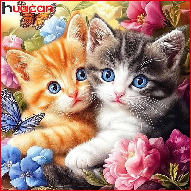 Huacan Diamantgemälde Set mit Katze und Schmetterling in Blumenmuster, Mehrfarbig, Breite: 20 cm, Höhe: 20 cm - Bild 1