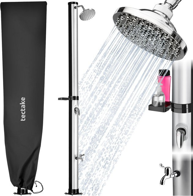 tectake Solardusche Tinto Schwarz mit 20 Litern Volumen, Seifenablage, Regenduschkopf mit Kugelgelenk und extra Wasserhahn, inklusive Schutzhülle, B/T/H: 42,5 x 15,5 x 221 cm - Bild 1